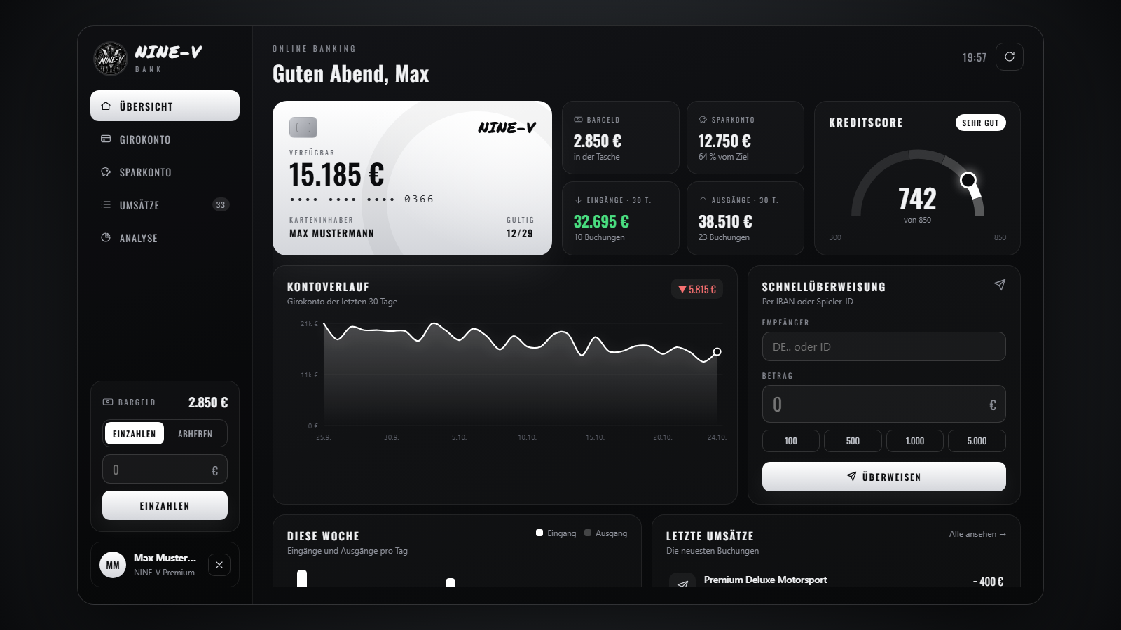 Screenshot der Bank-Oberfläche mit Kontostand, Kreditscore, Kontoverlauf und Schnellüberweisung