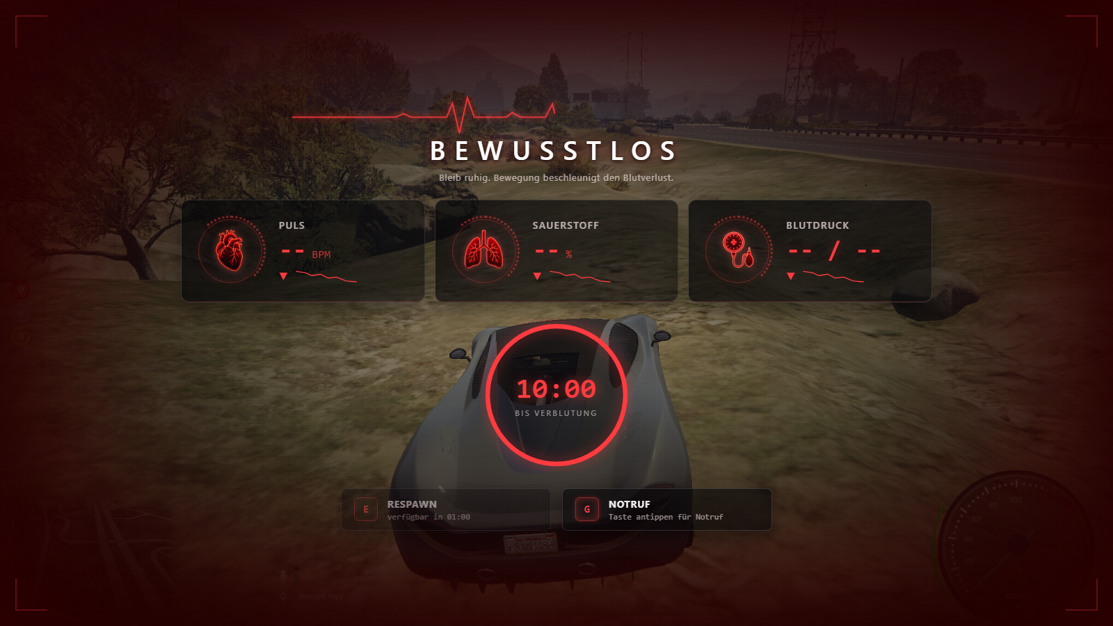 Deathscreen im Spiel: Puls, Sauerstoff, Blutdruck und Countdown bis zur Verblutung
